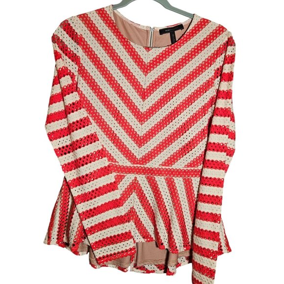 BCBGMAXAZRIA Red  White Long Sleeve Peplum Top Back Zipper Womans - Picture 9 of 12